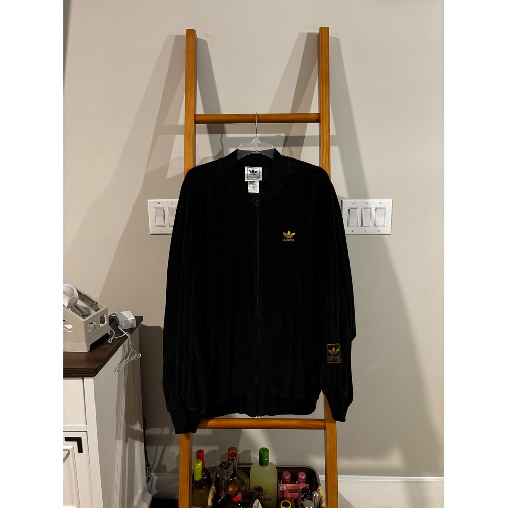 Adidas Originals Mens Black Velour Track Jacket Gold Trefoil Logo XL Full Zip